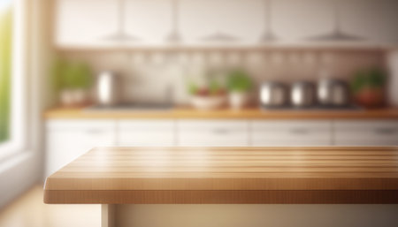 Wooden table with a defocused kitchen room. For montage product display. Copy space. Generative aiの素材