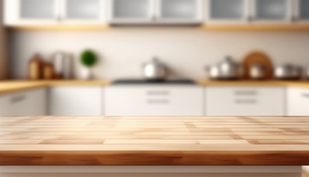 Wooden table with a defocused kitchen room. For montage product display. Copy space. Generative aiの素材