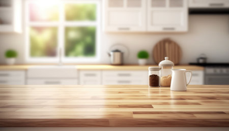 Wooden table with a defocused kitchen room. For montage product display. Copy space. Generative aiの素材