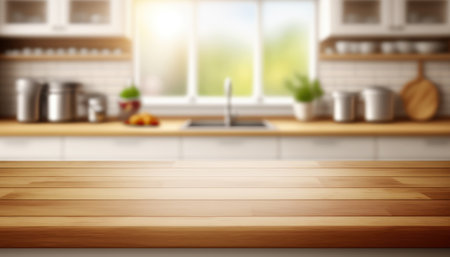 Wooden table with a defocused kitchen room. For montage product display. Copy space. Generative aiの素材