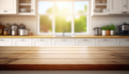 Wooden table with a defocused kitchen room. For montage product display. Copy space. Generative aiの素材