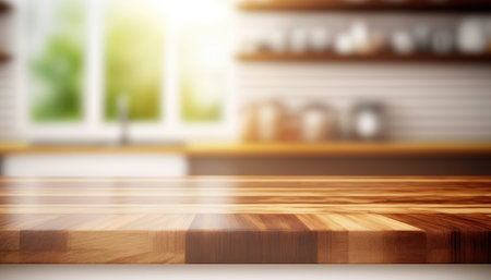 Wooden table with a defocused kitchen room. For montage product display. Copy space. Generative aiの素材
