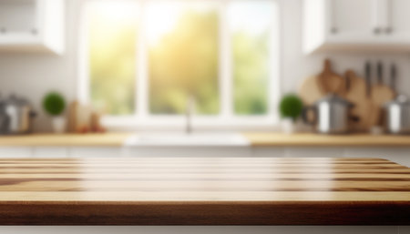 Wooden table with a defocused kitchen room. For montage product display. Copy space. Generative aiの素材
