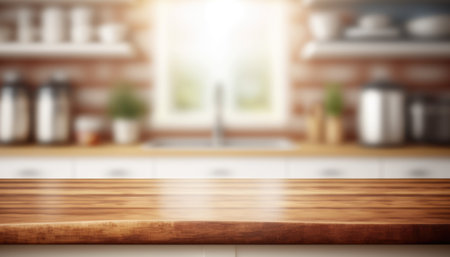Wooden table with a defocused kitchen room. For montage product display. Copy space. Generative aiの素材
