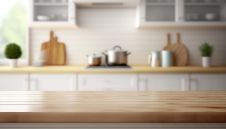 Wooden table with a defocused kitchen room. For montage product display. Copy space. Generative aiの素材