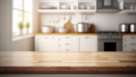 Wooden table with a defocused kitchen room. For montage product display. Copy space. Generative aiの素材
