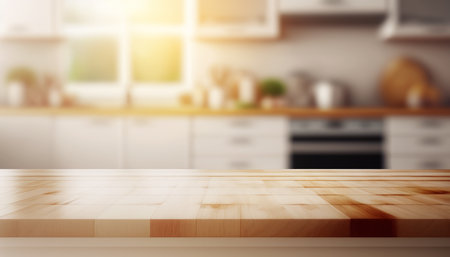 Wooden table with a defocused kitchen room. For montage product display. Copy space. Generative aiの素材