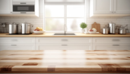 Wooden table with a defocused kitchen room. For montage product display. Copy space. Generative aiの素材