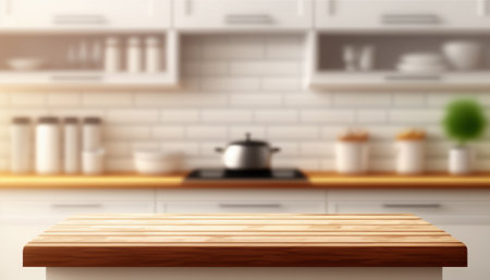 Wooden table with a defocused kitchen room. For montage product display. Copy space. Generative aiの素材
