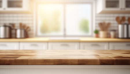 Wooden table with a defocused kitchen room. For montage product display. Copy space. Generative aiの素材
