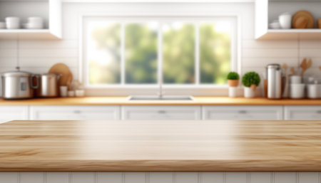 Wooden table with a defocused kitchen room. For montage product display. Copy space. Generative aiの素材