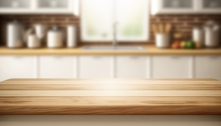 Wooden table with a defocused kitchen room. For montage product display. Copy space. Generative aiの素材