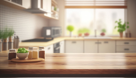 Wooden table with a defocused kitchen room. For montage product display. Copy space. Generative aiの素材