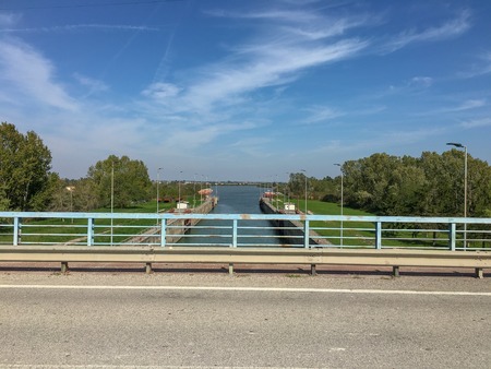 above a ship sluice in a canal in veniceの写真素材
