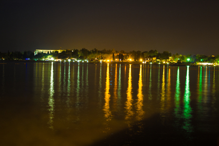 night reflection at the beach in porec croatiaの写真素材