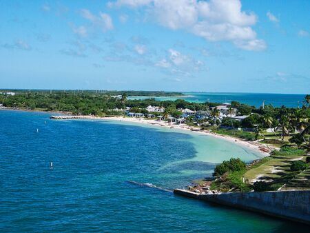 flying over a beach with palms in miami at summerの写真素材