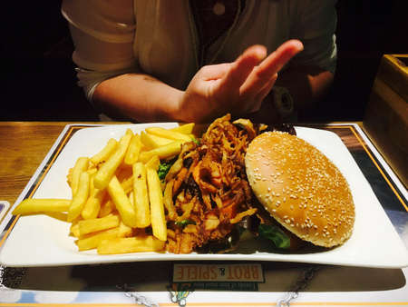 a burger with pommes and onionsのeditorial素材