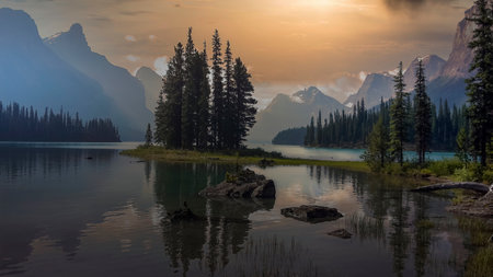 Lake Louise in Banff National Park, Alberta, Canada during sunsetの写真素材