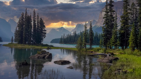 Sunset at Lake Louise, Banff National Park, Alberta, Canadaの写真素材