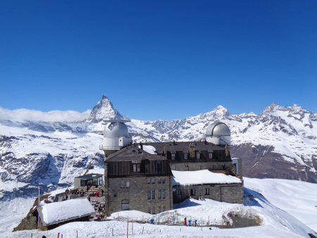 Matterhorn peak and observatory in Zermatt, Switzerlandの写真素材