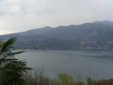 landscape of lake Garda in northern Italy with mountains in the backgroundの写真素材