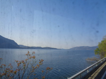 Lake Garda seen through the windscreen of a car, Italyの写真素材