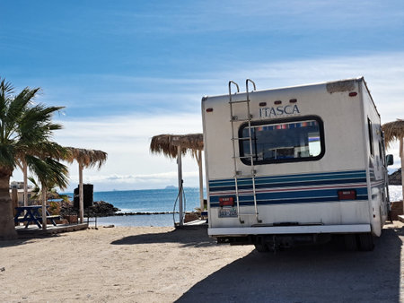 Camper on the beach in Tenerife, Canary Islands, Spainの写真素材