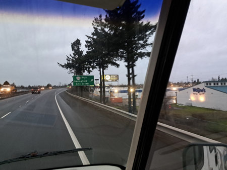 View from the inside of a car on the road and the city.の写真素材