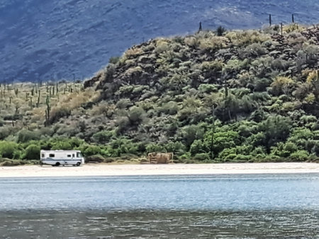 Caravan on the beach with mountains in the background, Crete, Greeceの写真素材