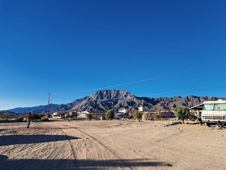 Desert landscape with mountains in the background, California, USA.の写真素材