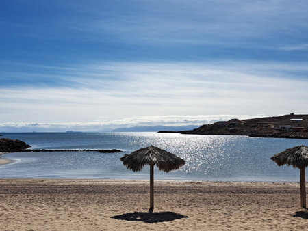 Parasol on the beach in Lanzarote, Canary Islands, Spainの写真素材