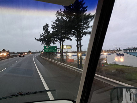 View from inside the car on the road and the city landscape.の写真素材