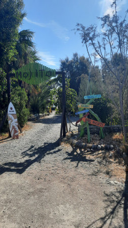 A welcoming entrance leads to a tropical retreat where colorful signs point to various activities. The lush surroundings and sunny weather create an inviting atmosphere for adventure seekers.の写真素材