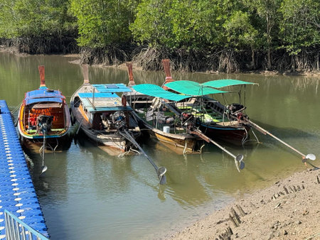 Colorful fishing boats are docked along a tranquil river surrounded by lush mangroves, reflecting the vivid hues of a clear day. The atmosphere is peaceful and idyllic, perfect for a quiet retreat.の写真素材