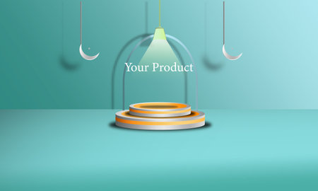 Podium for product presentation on blue background with hook. Vector illustration