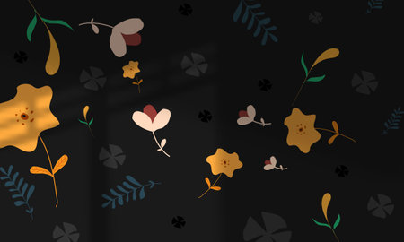 Seamless pattern with flowers and leaves on a black background.
