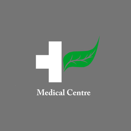 Medical logo design template with green leaf. Health care vector icon.のイラスト素材