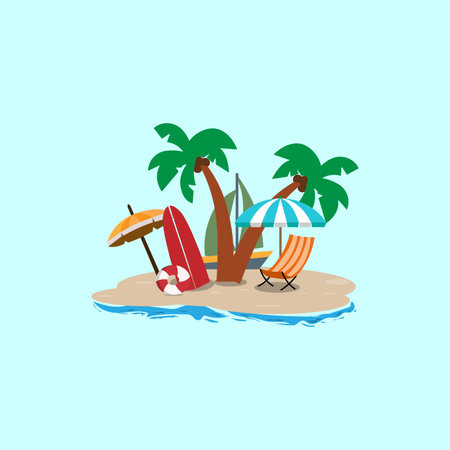 Beach vector illustration. Flat design of beach with palm trees and lifebuoyのイラスト素材