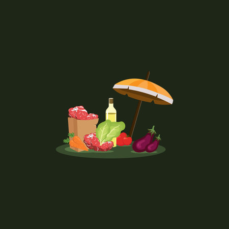 Vector illustration of a set of food and drinks on a green backgroundのイラスト素材