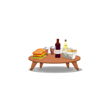 Illustration of a wooden table with a bottle of wine and hamburgerのイラスト素材