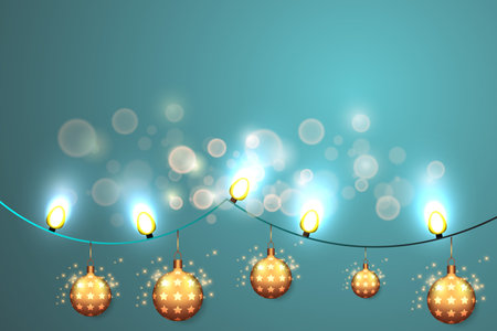 Christmas background with Christmas balls and garland lights. Vector illustration.のイラスト素材
