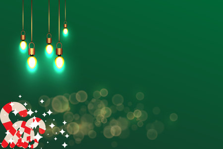 Happy new year 2026 Christmas background with light bulbs and candy canes on green background.のイラスト素材