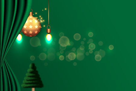 Happy new year 2026 Christmas background with green curtain, Christmas tree and light bulbs. Vector illustration.のイラスト素材