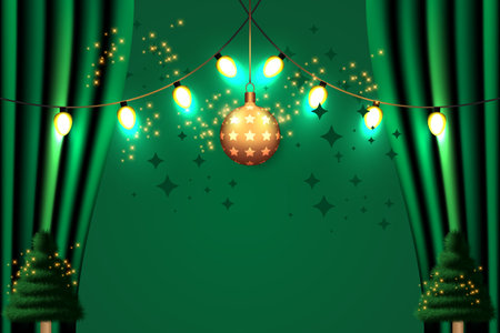 Happy new year 2026 Christmas background with green curtain, stars and christmas ball. Vector illustration.のイラスト素材