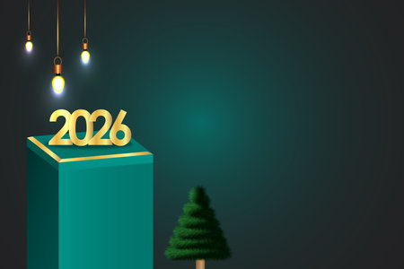 Happy new year 2026 with Christmas tree and light bulb background.