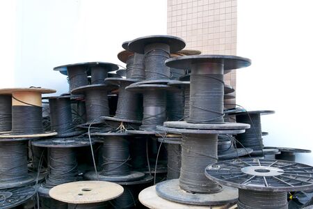 Roll of Optic fiber group and drop-wire fiber optic.selective focusの写真素材