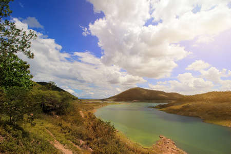 Mountain river stream , cloudy and blue sky landscape in chiangmai Thailand.の写真素材