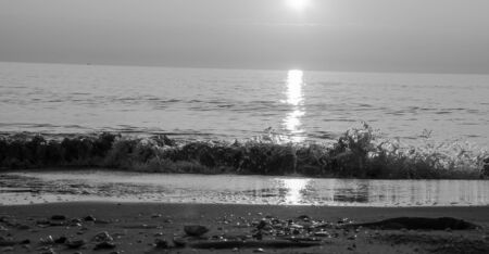 black & white Beautiful sunrise on a beach in the summerの写真素材