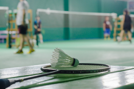 shuttlecock on badminton racket Soft-focus imageの写真素材