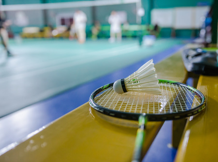 shuttlecock on badminton racketの写真素材